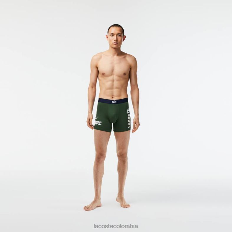 Pack de 3 calzoncillos bóxer largos de algodón elástico con cintura de cocodrilo verde/azul marino/blanco Lacoste ropa hombres 80XZX1368