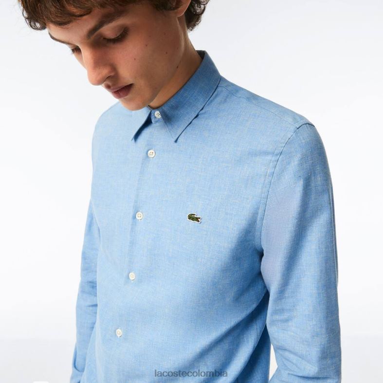 camisa de cambray de algodón de corte slim azul blanco Lacoste ropa hombres 80XZX1520