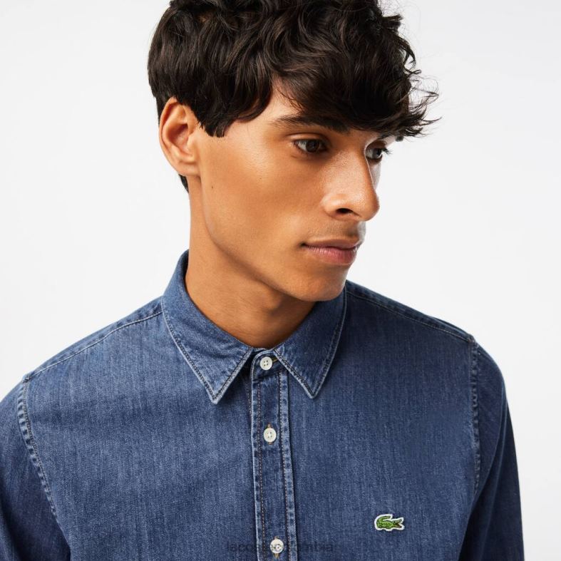 camisa de mezclilla de algodón orgánico de corte regular azul Lacoste ropa hombres 80XZX1502