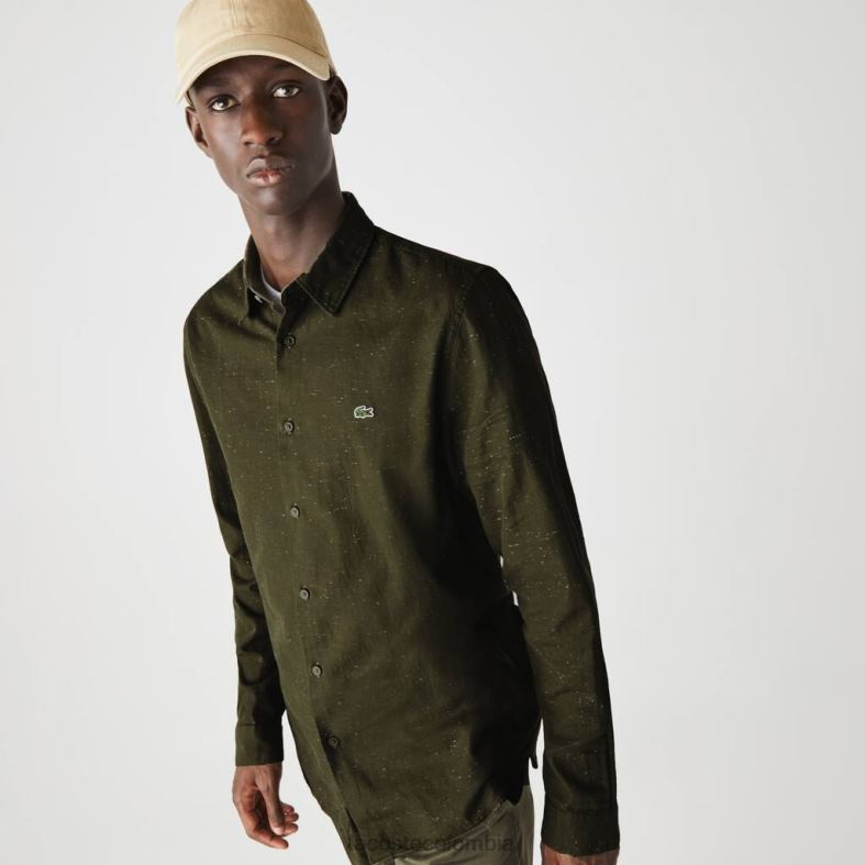 camisa slim fit de algodón flameado verde caqui/blanco Lacoste ropa hombres 80XZX1645