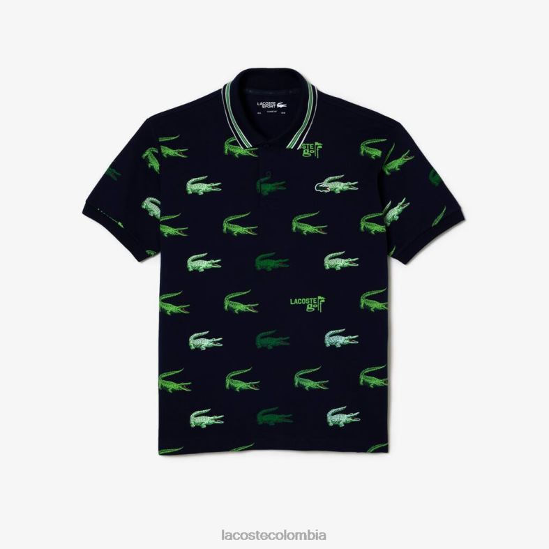 polo golf con estampado de cocodrilo azul marino/blanco/verde Lacoste ropa hombres 80XZX203