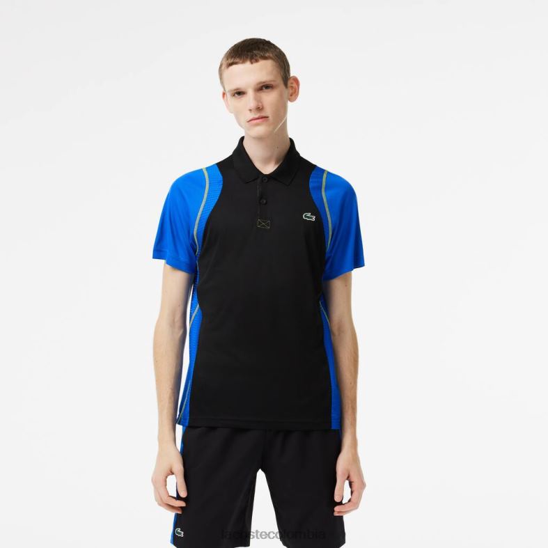 polo tenis de poliéster reciclado negro/azul/amarillo Lacoste ropa hombres 80XZX85