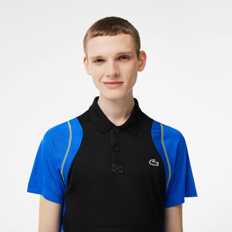 polo tenis de poliéster reciclado negro/azul/amarillo Lacoste ropa hombres 80XZX85