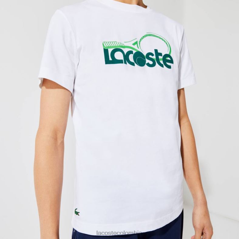 Camiseta deportiva transpirable con estampado de tenis y cuello redondo. blanco verde Lacoste ropa hombres 80XZX792
