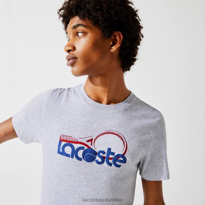 Camiseta deportiva transpirable con estampado de tenis y cuello redondo. gris chino/azul/rojo Lacoste ropa hombres 80XZX793
