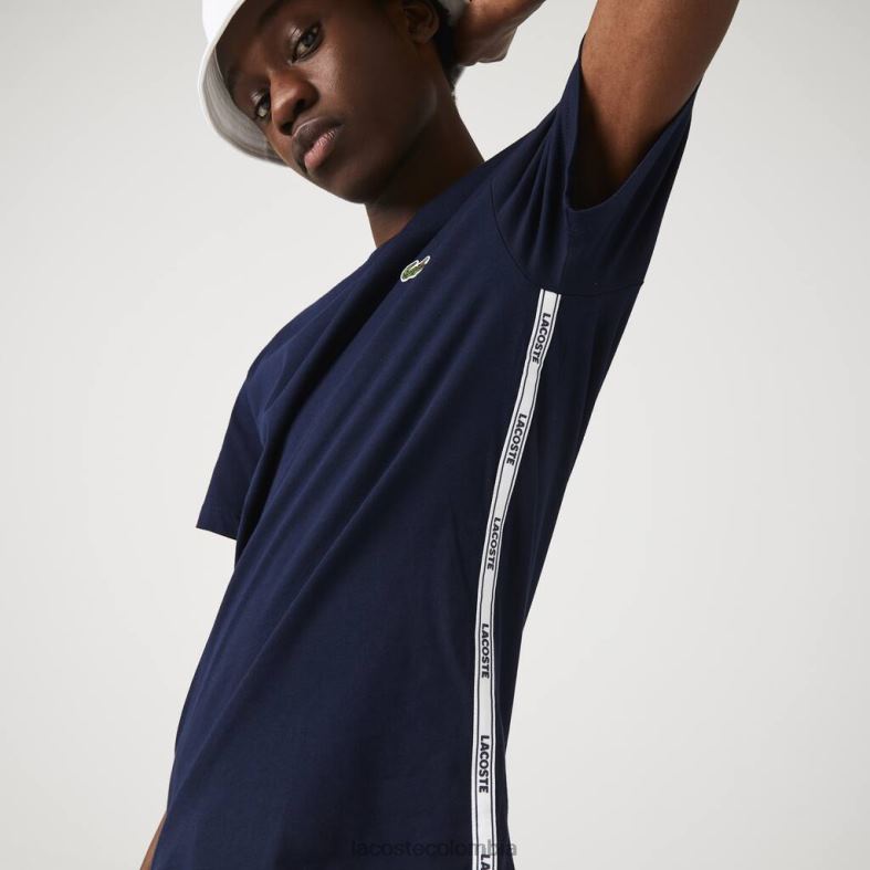 camiseta de algodón con cuello redondo y bandas con la marca Azul marino Lacoste ropa hombres 80XZX909