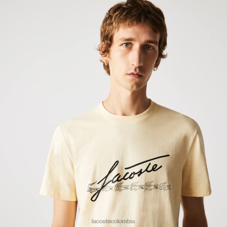 camiseta de algodón con cuello redondo y estampado de cocodrilo amarillo Lacoste ropa hombres 80XZX762
