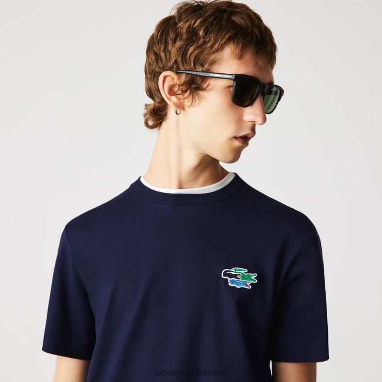 camiseta de algodón orgánico con cocodrilos de colores y cuello redondo Azul marino Lacoste ropa hombres 80XZX920