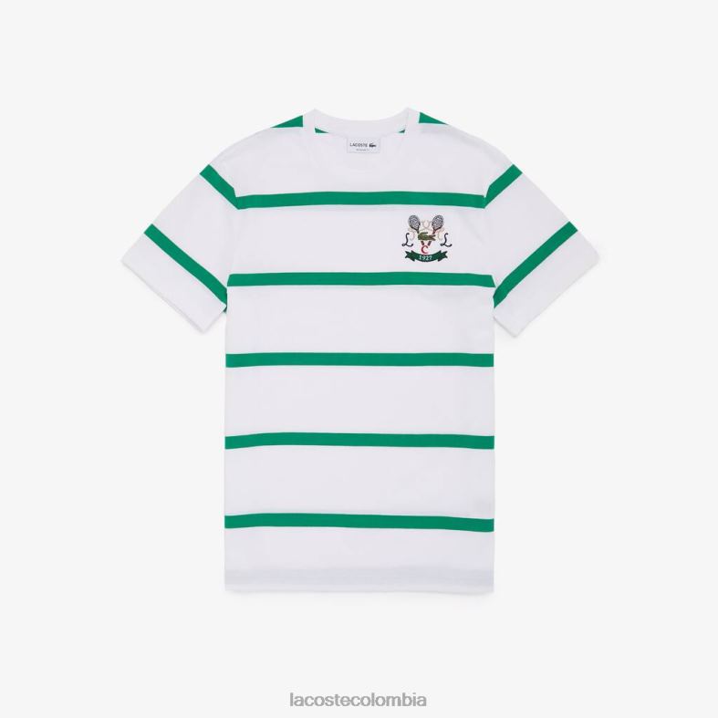 camiseta de punto de algodón a rayas con cuello redondo y bordado de tenis blanco verde Lacoste ropa hombres 80XZX805