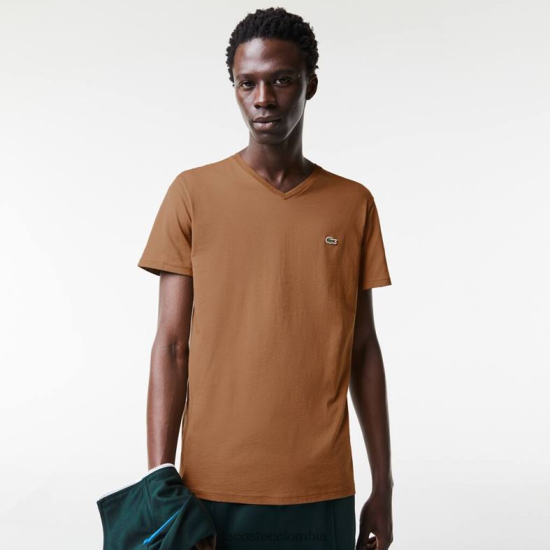 camiseta de punto de algodón pima con cuello en V marrón Lacoste ropa hombres 80XZX613