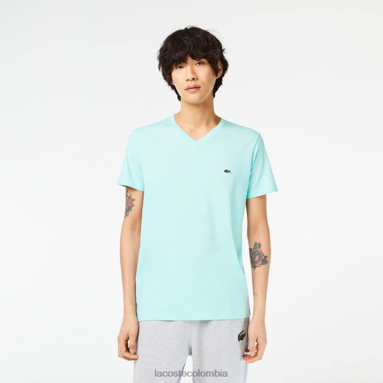 camiseta de punto de algodón pima con cuello en V menta Lacoste ropa hombres 80XZX56