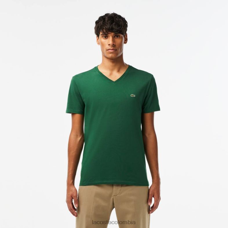 camiseta de punto de algodón pima con cuello en V verde Lacoste ropa hombres 80XZX679