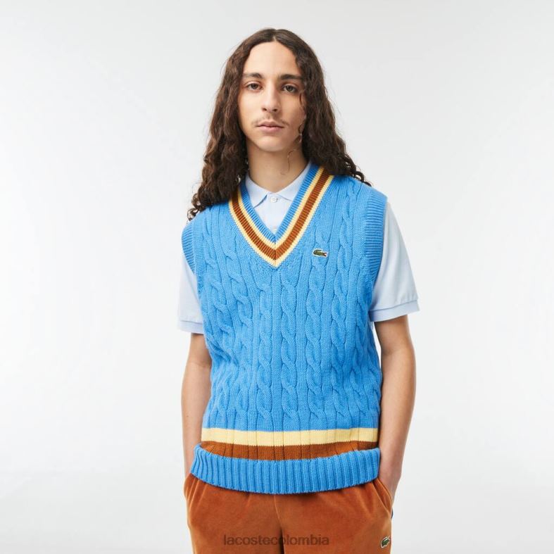 chaleco estilo suéter de lana de corte clásico azul/marrón/amarillo Lacoste ropa hombres 80XZX1470