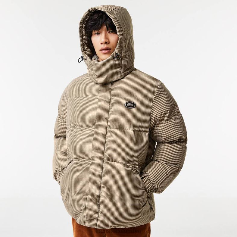 chaqueta acolchada de sarga repelente al agua con estampado de cuadros beige/azul marino/blanco/verde caqui Lacoste ropa hombres 80XZX399