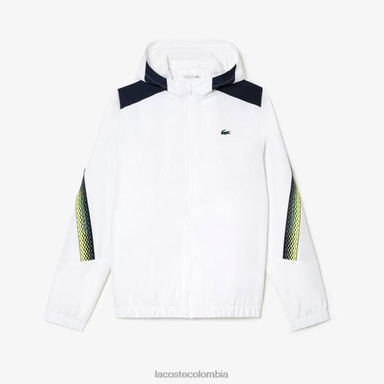 chaqueta tenis con capucha de poliéster reciclado blanco/azul marino/amarillo Lacoste ropa hombres 80XZX381