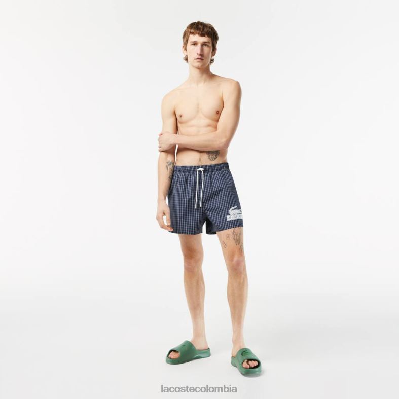 Bañador a cuadros de poliéster reciclado azul marino/blanco Lacoste ropa hombres 80XZX532