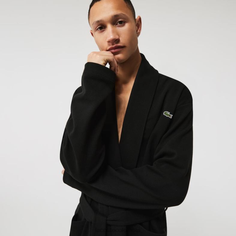 Albornoz largo holgado de punto de algodón texturizado negro Lacoste ropa hombres 80XZX1525