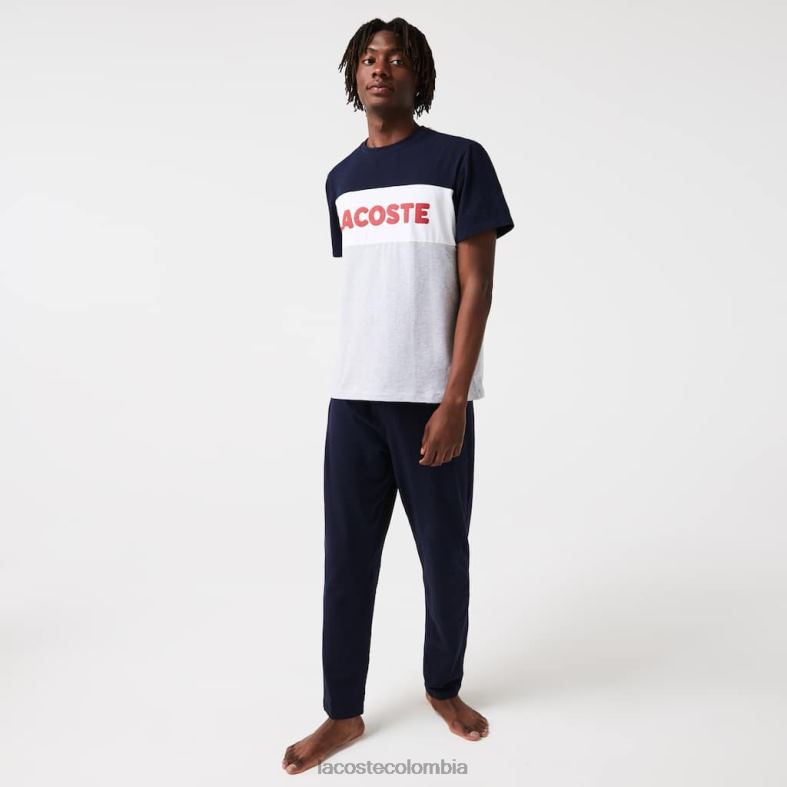 Conjunto de pijama largo de algodón elástico color block gris chino/azul marino/blanco/rojo Lacoste ropa hombres 80XZX1510