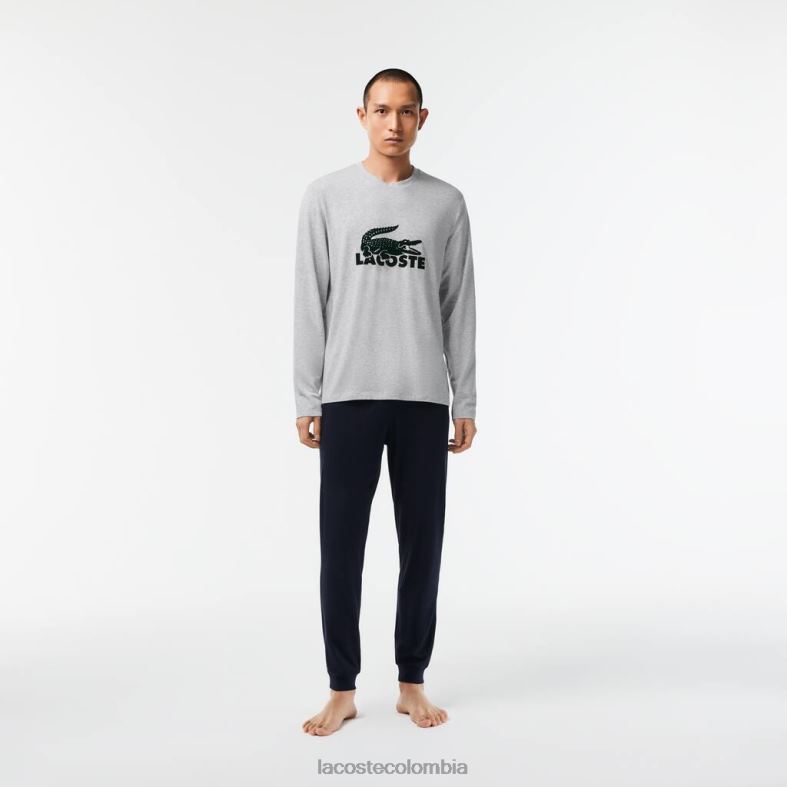 pijama largo de terciopelo con logo azul marino/gris chino/verde Lacoste ropa hombres 80XZX1457