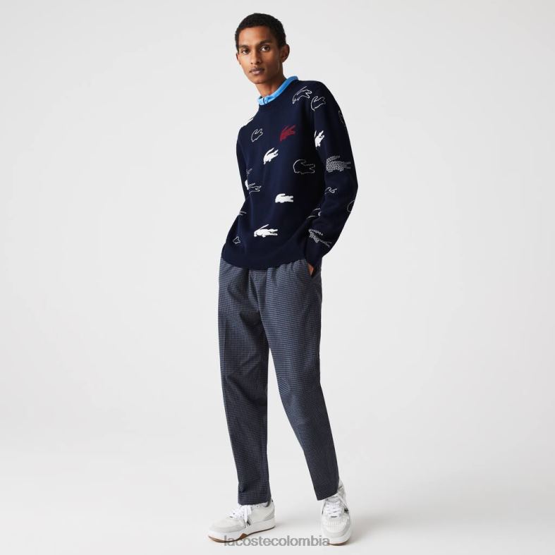 Jersey de jacquard de algodón orgánico con cuello redondo hecho en Francia blanco negro Lacoste ropa hombres 80XZX1629