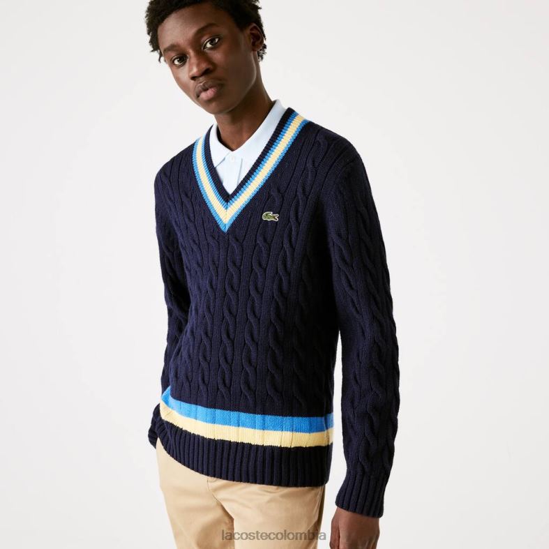 Jersey de lana con rayas en contraste y corte clásico azul marino/amarillo/azul Lacoste ropa hombres 80XZX1517