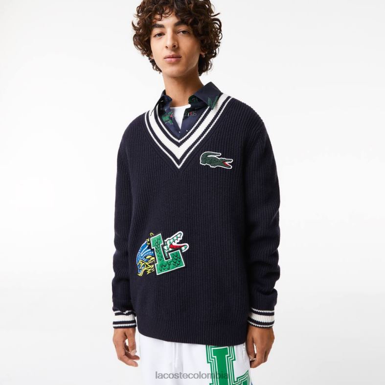 suéter con insignia de cómic blanco negro Lacoste ropa hombres 80XZX1378