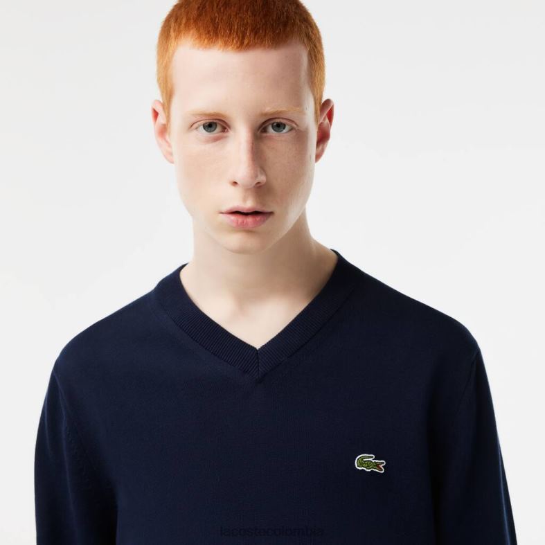 suéter de algodón orgánico con cuello en V Azul marino Lacoste ropa hombres 80XZX1326