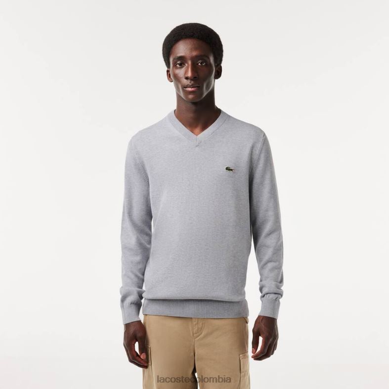 suéter de algodón orgánico con cuello en V lomo gris Lacoste ropa hombres 80XZX1568