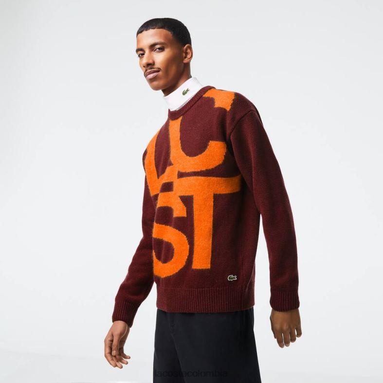 suéter de lana con letras en contraste de corte clásico burdeos/naranja Lacoste ropa hombres 80XZX1449