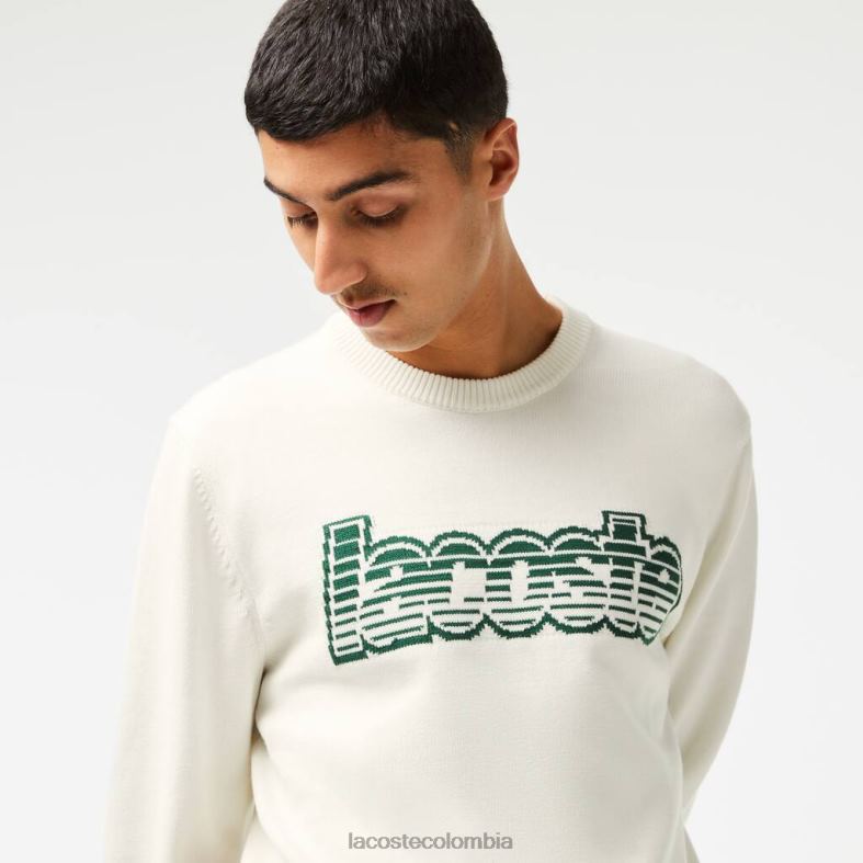 suéter de punto con cuello redondo blanco verde Lacoste ropa hombres 80XZX501
