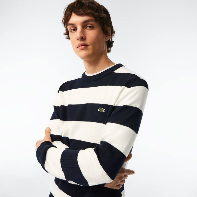 suéter de punto de algodón orgánico a rayas blanco negro Lacoste ropa hombres 80XZX439
