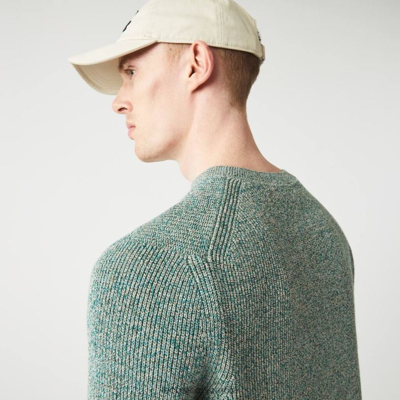 suéter de punto jaspeado con cuello redondo blanco/verde/beige Lacoste ropa hombres 80XZX1621