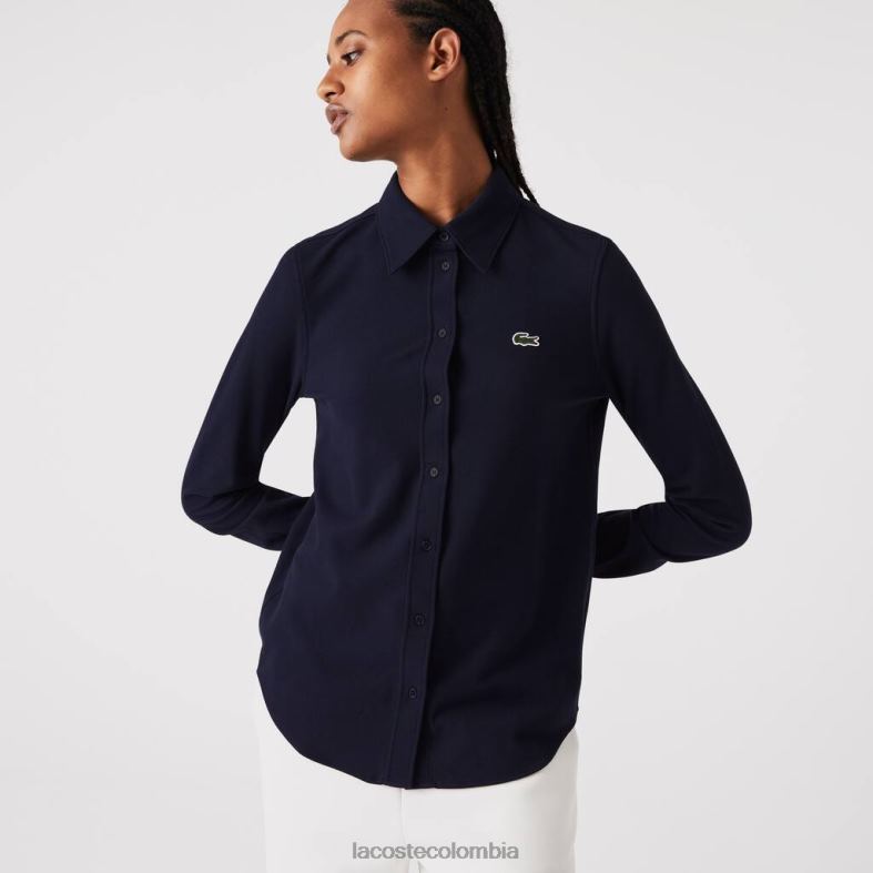 camisa de piqué de algodón con cuello francés Azul marino Lacoste ropa mujer 80XZX2649