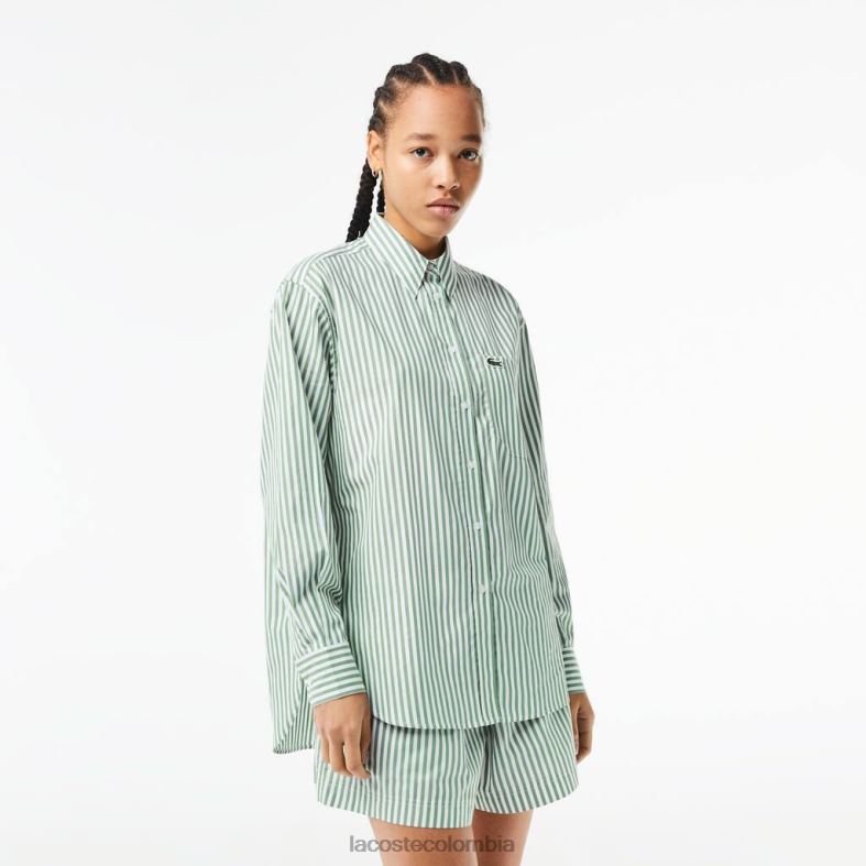 camisa de popelina de algodón a rayas blanco/verde caqui Lacoste ropa mujer 80XZX2448