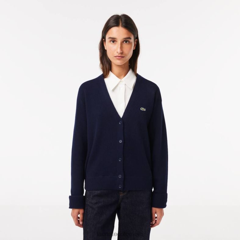 cárdigan de lana con cuello en V Azul marino Lacoste ropa mujer 80XZX2641
