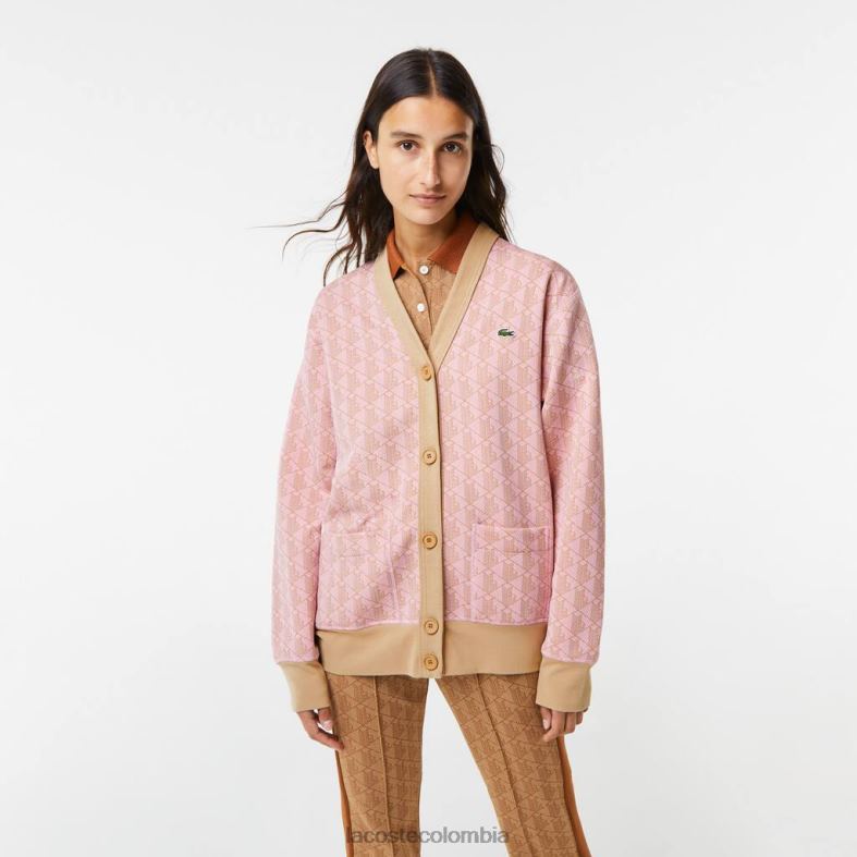 cárdigan holgado con estampado de monogramas rosa claro/beige Lacoste ropa mujer 80XZX2634