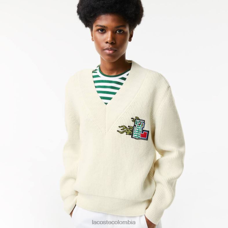 jersey de lana con cuello en V y insignia de cómic blanco Lacoste ropa mujer 80XZX2642