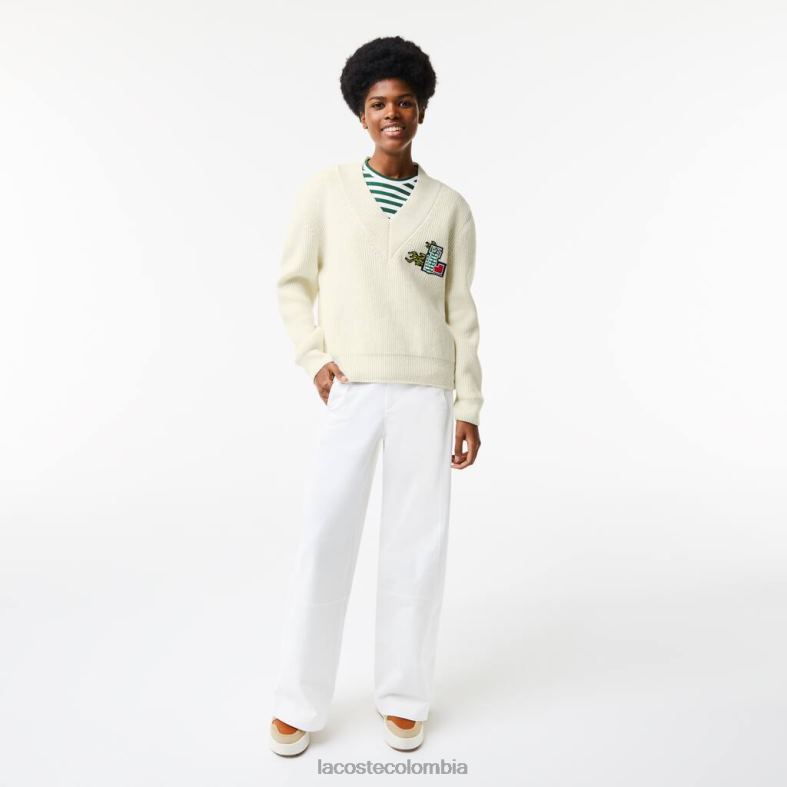 jersey de lana con cuello en V y insignia de cómic blanco Lacoste ropa mujer 80XZX2642