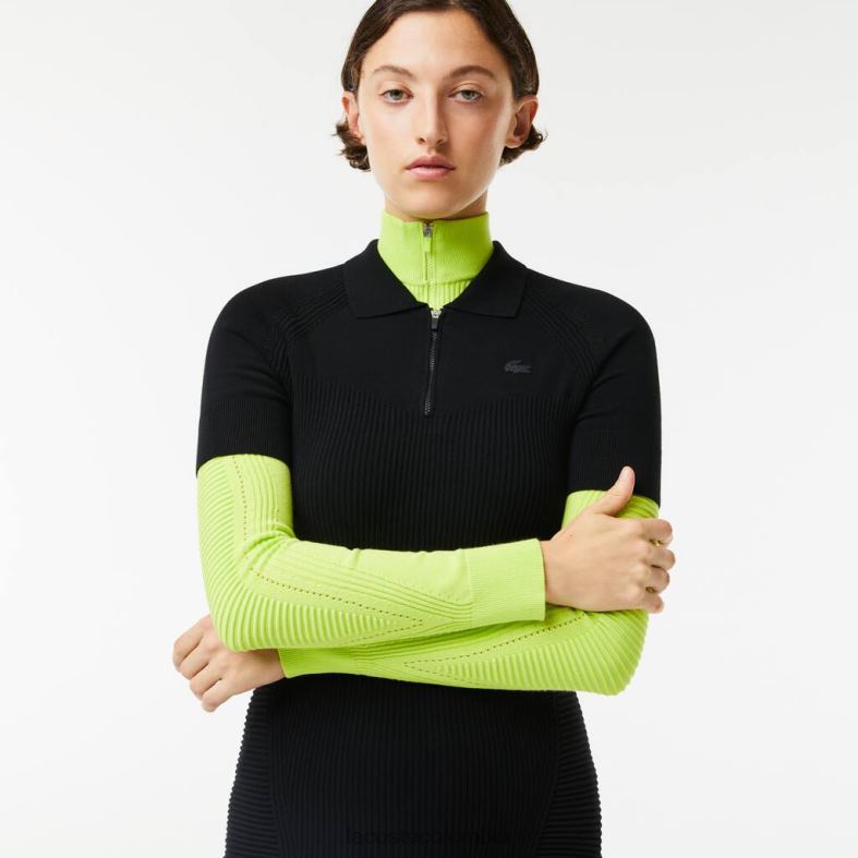 vestido tejido con cremallera frontal y detalles de punto negro Lacoste ropa mujer 80XZX2481