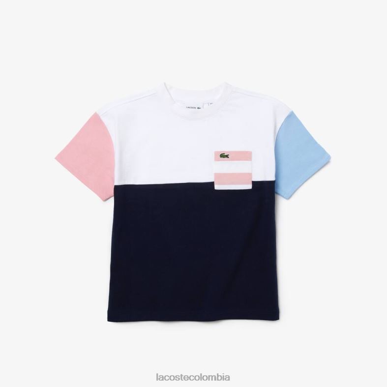 camiseta de algodón con cuello redondo y bloques de color con bolsillo tradicional azul marino/blanco/azul/rosa Lacoste ropa niños 80XZX3179