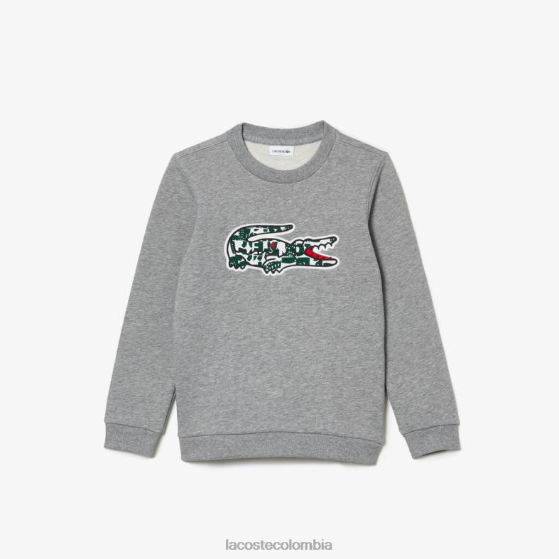 sudadera de felpa de algodón con cuello redondo y cocodrilo Heritage gris chino/blanco/verde Lacoste ropa niños 80XZX3255