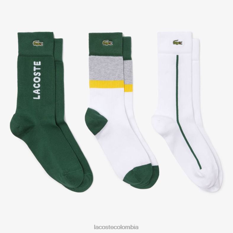 paquete de tres calcetines de canalé de algodón con corte alto blanco/gris chino/amarillo/verde Lacoste ropa unisexo 80XZX1686