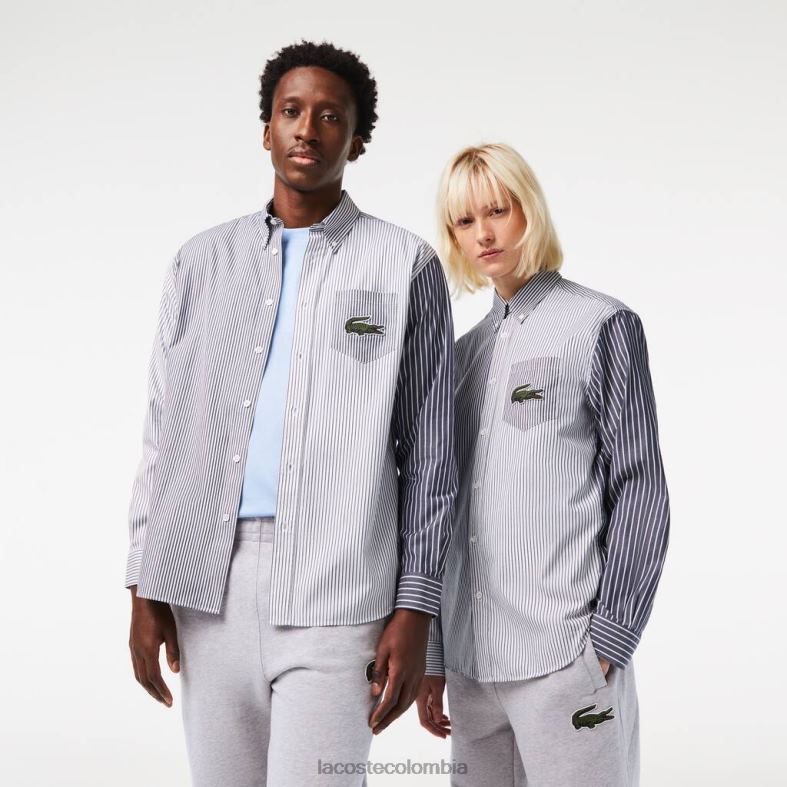 camisa grande de algodón a rayas de cocodrilo blanco/azul marino Lacoste ropa unisexo 80XZX493