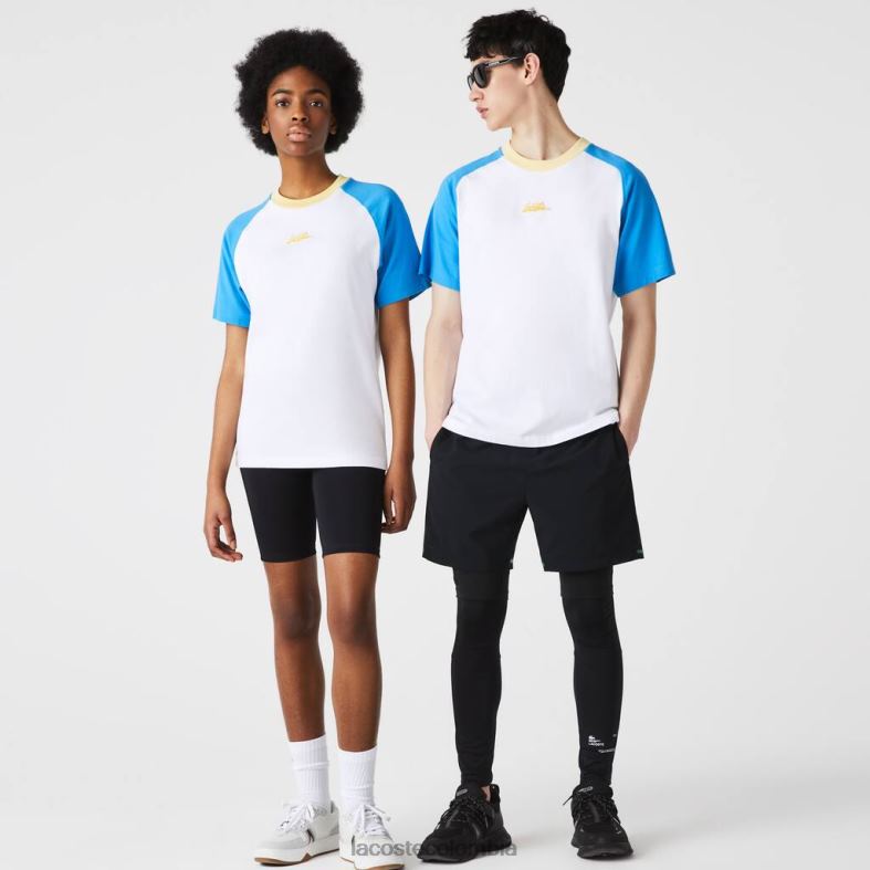camiseta de algodón en vivo blanco/azul/amarillo Lacoste ropa unisexo 80XZX941