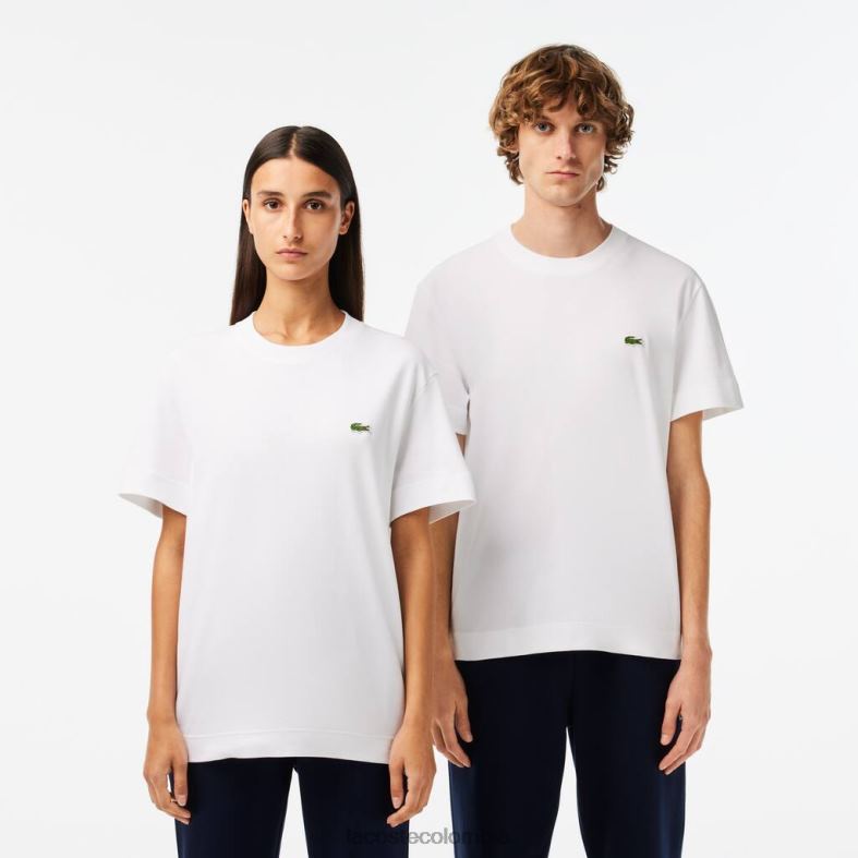 camiseta de algodón orgánico con cuello redondo blanco Lacoste ropa unisexo 80XZX95