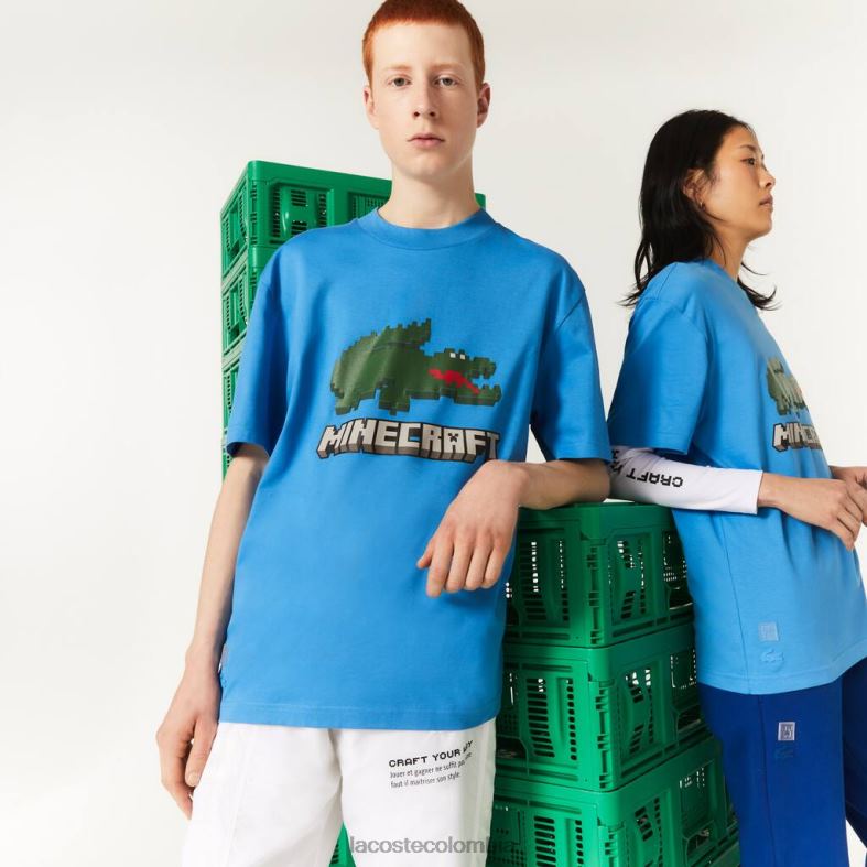 camiseta de algodón orgánico estampada azul Lacoste x Minecraft ropa unisexo 80XZX881