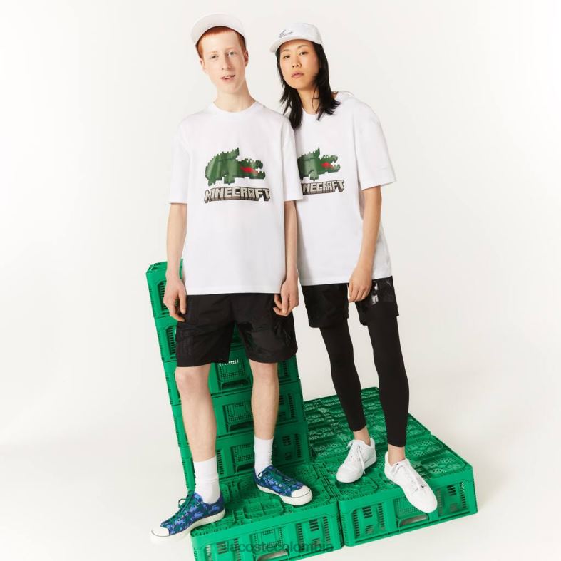 camiseta de algodón orgánico estampada blanco Lacoste x Minecraft ropa unisexo 80XZX880