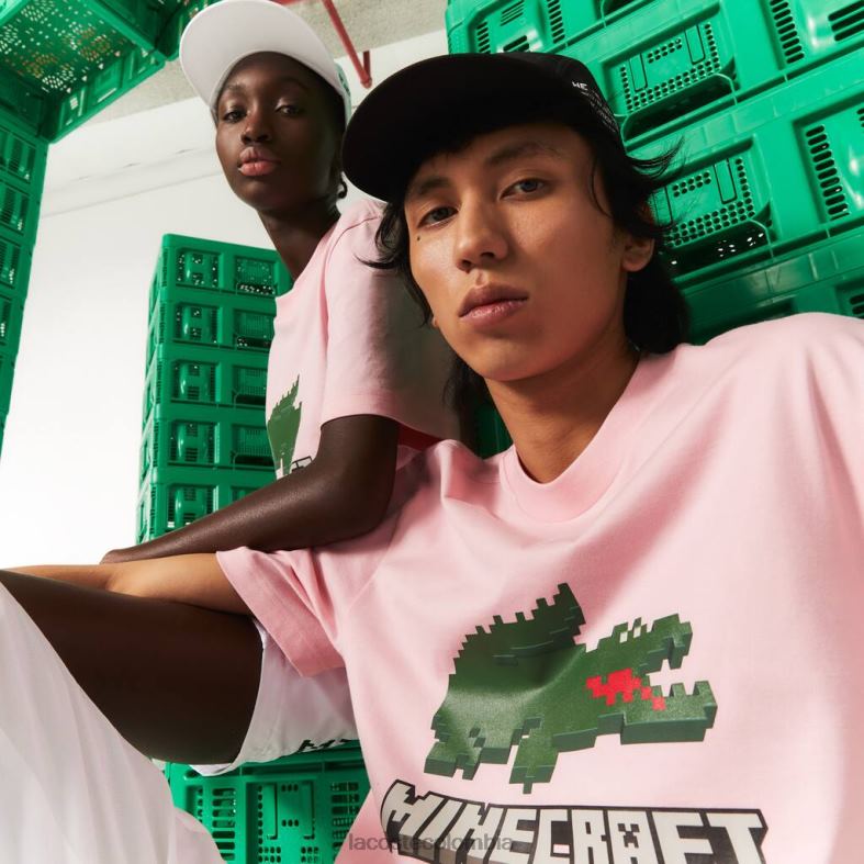 camiseta de algodón orgánico estampada rosa Lacoste x Minecraft ropa unisexo 80XZX879
