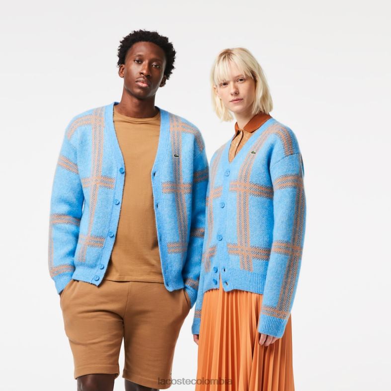cárdigan de lana con estampado de tartán azul/naranja/marrón Lacoste ropa unisexo 80XZX1394