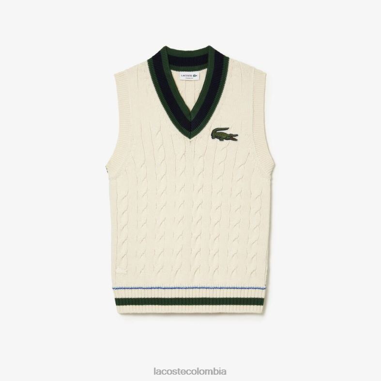 Chaleco tipo jersey de punto trenzado de algodón orgánico blanco Lacoste ropa unisexo 80XZX504